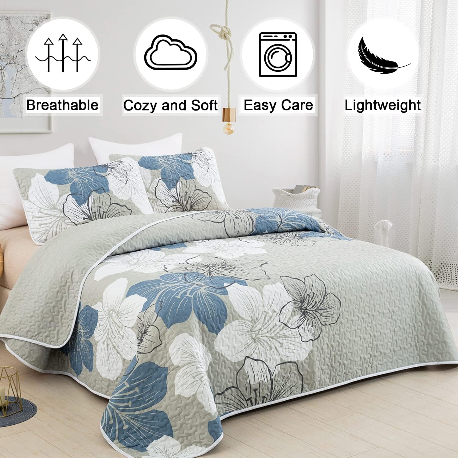 DJY 3 Piece King Quilt Set with Blue Floral Pattern