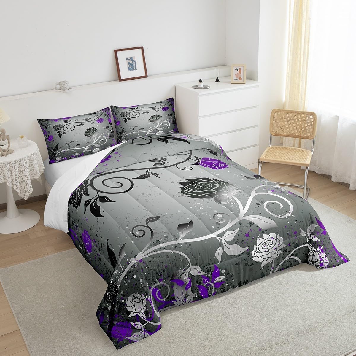Feelyou Grey Black Purple Comforter Set for Kids