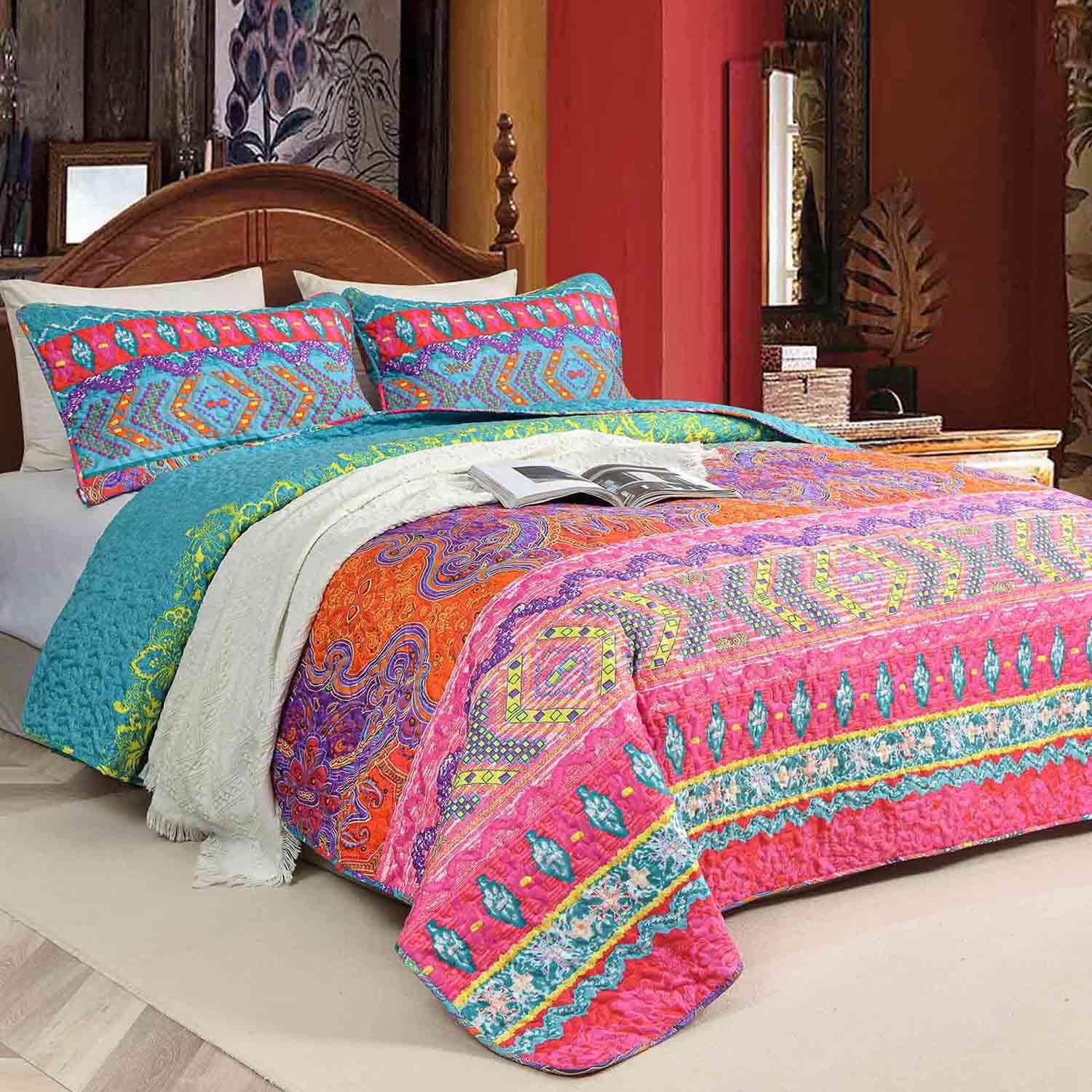 Nanko Quilt Set Queen Full 3 Pcs Boho Striped Bedding 1