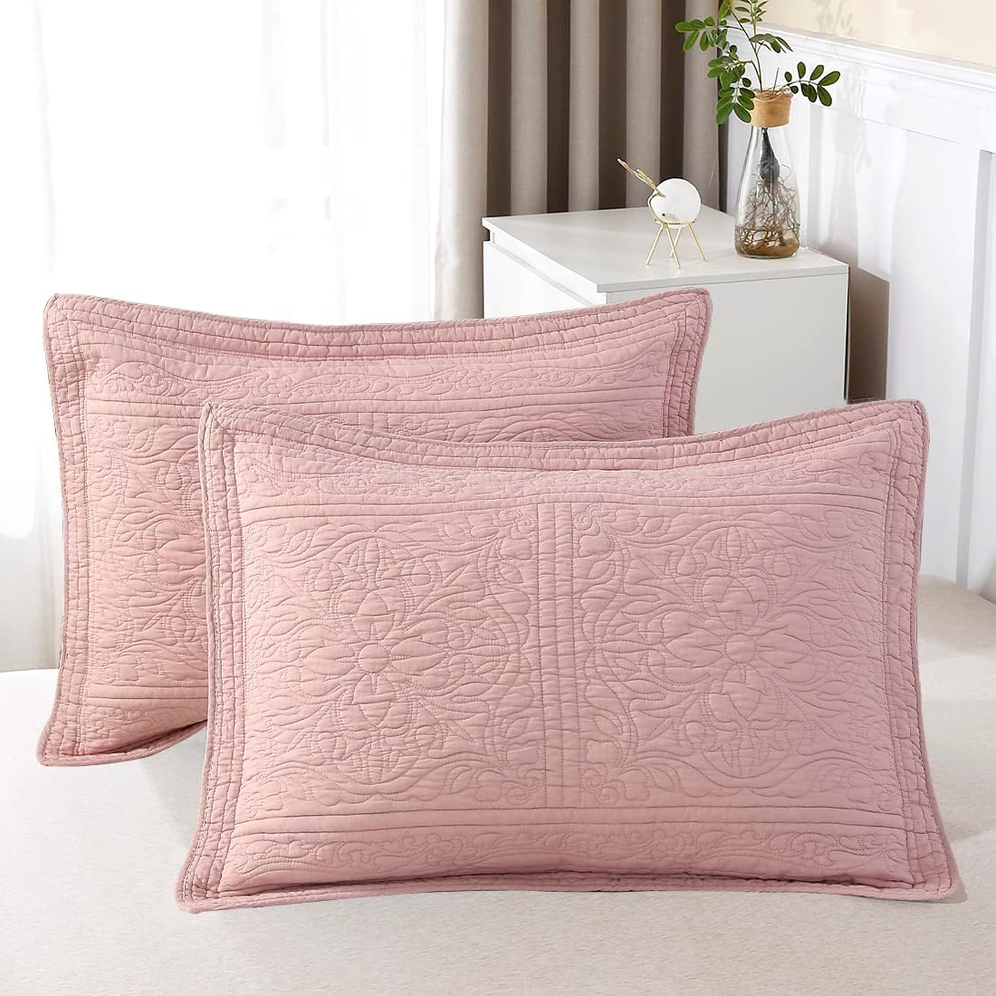 WINLIFE Cotton Quilted Pillow Sham Dusty Pink