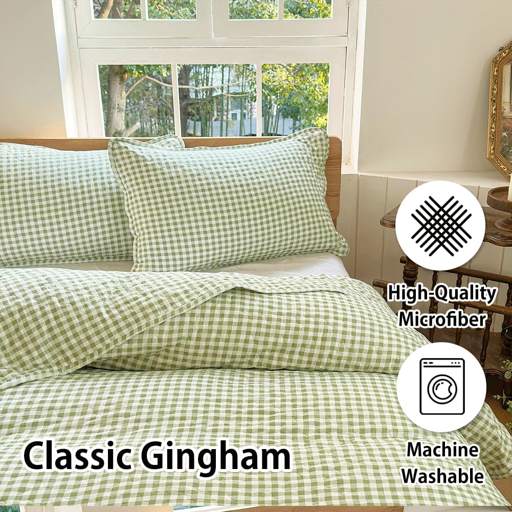 Sage Green Gingham King Quilt Set with Pillow Shams