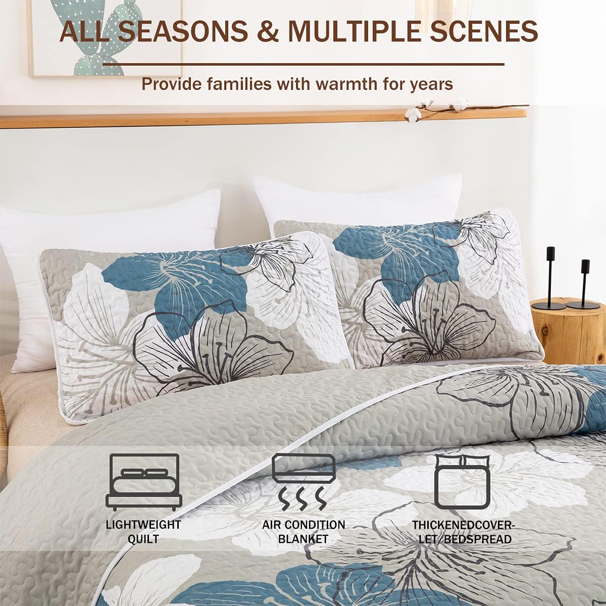 DJY 3 Piece Quilt Set California King Blue Floral Bedspread