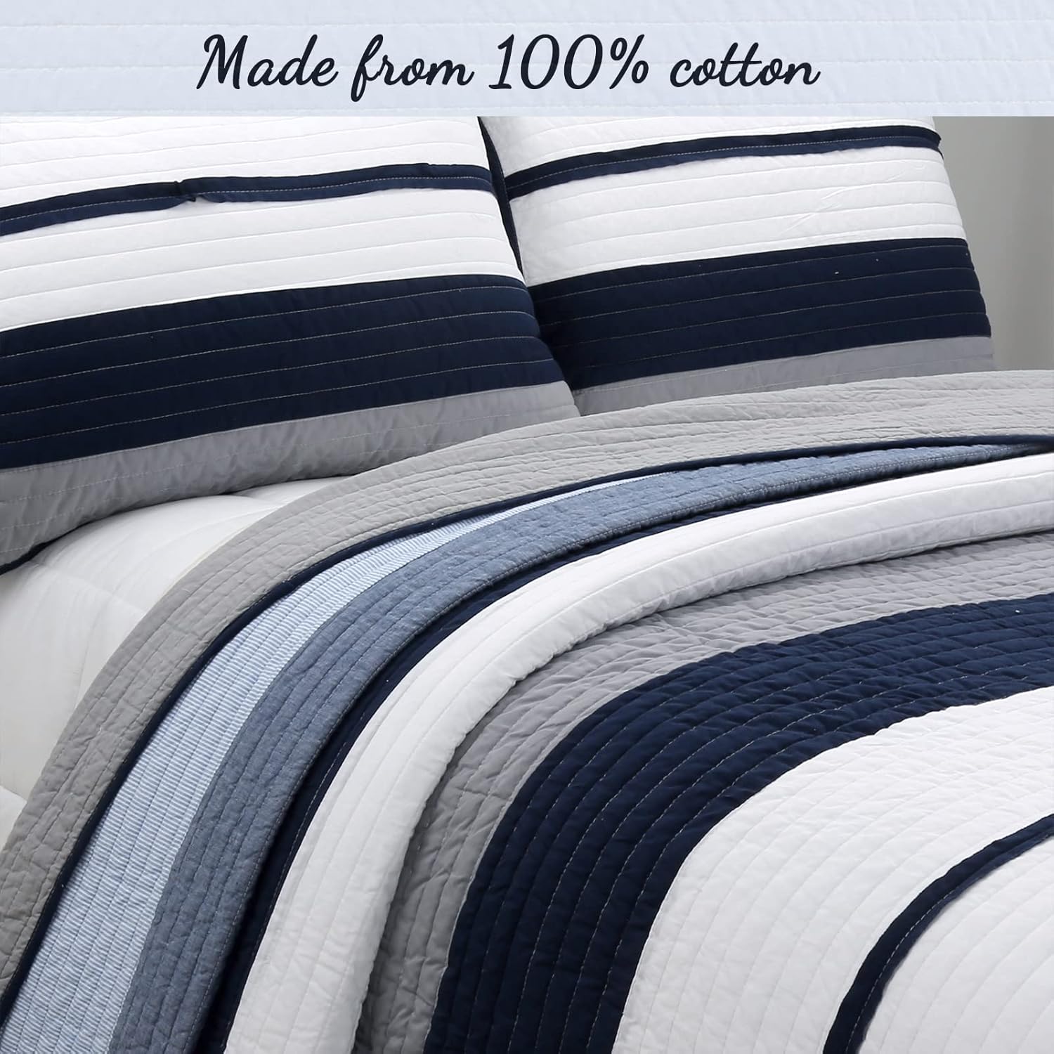 Cozy Line Tranquil Blue Gray Striped Reversible Quilt Bedding Set Queen - 3 Piece