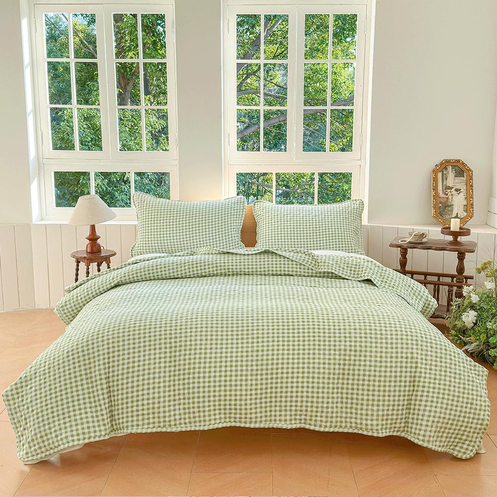Sage Green Gingham King Quilt Set with Pillow Shams