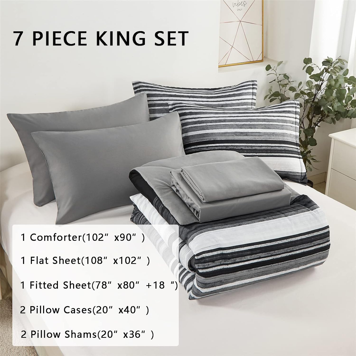KAKIJUMN 7 Piece Stripe Comforter Set King Size