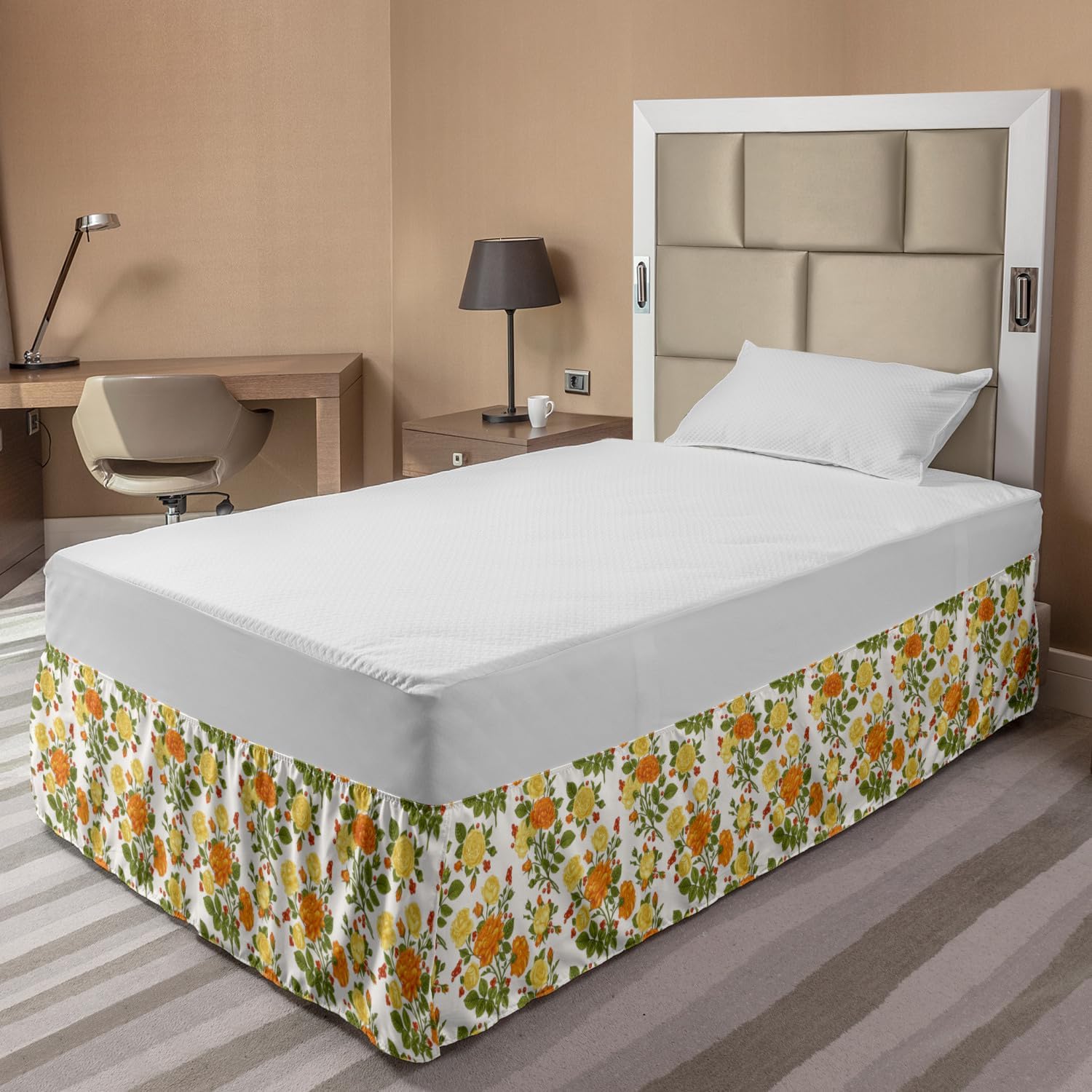 Lunarable Floral Bed Skirt Dark Orange Yellow Green