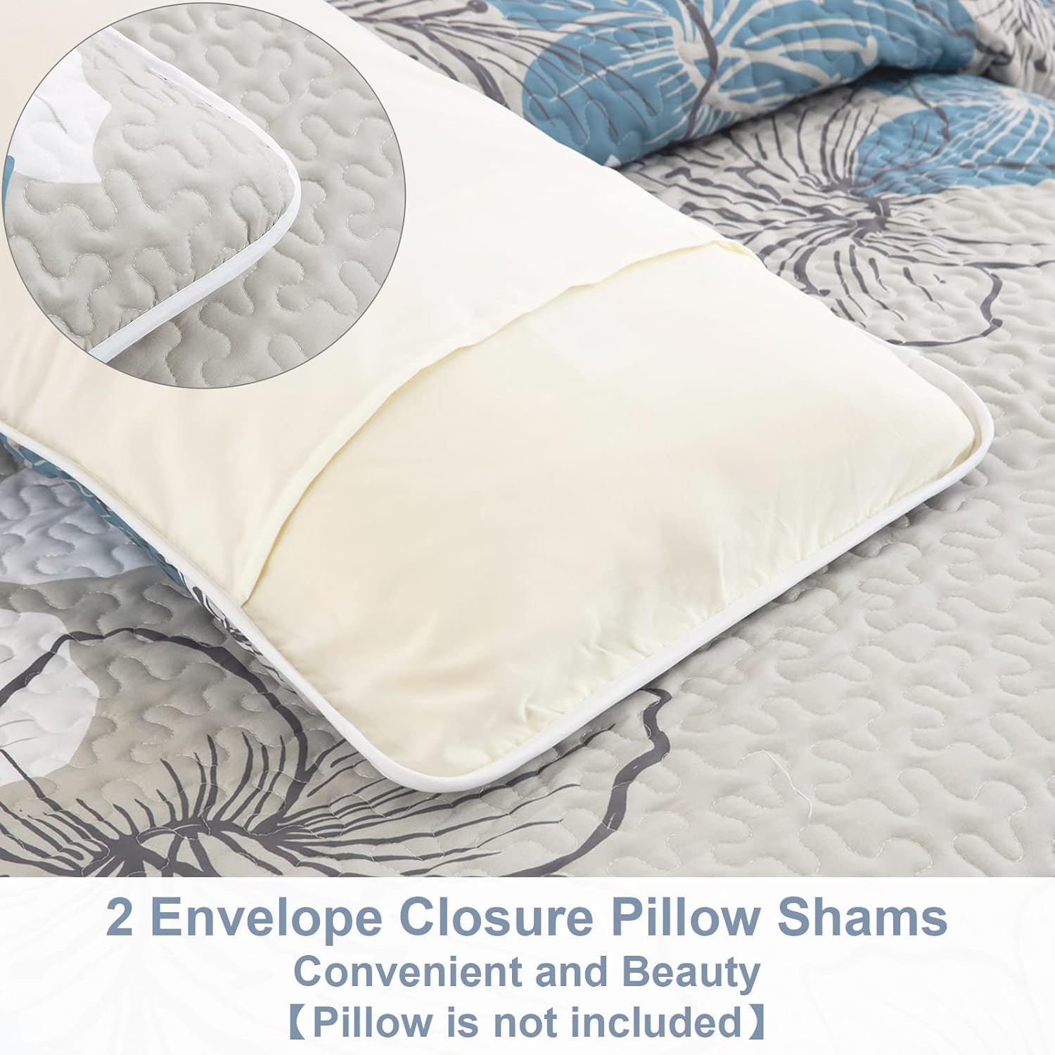 DJY 3 Piece King Quilt Set with Blue Floral Pattern