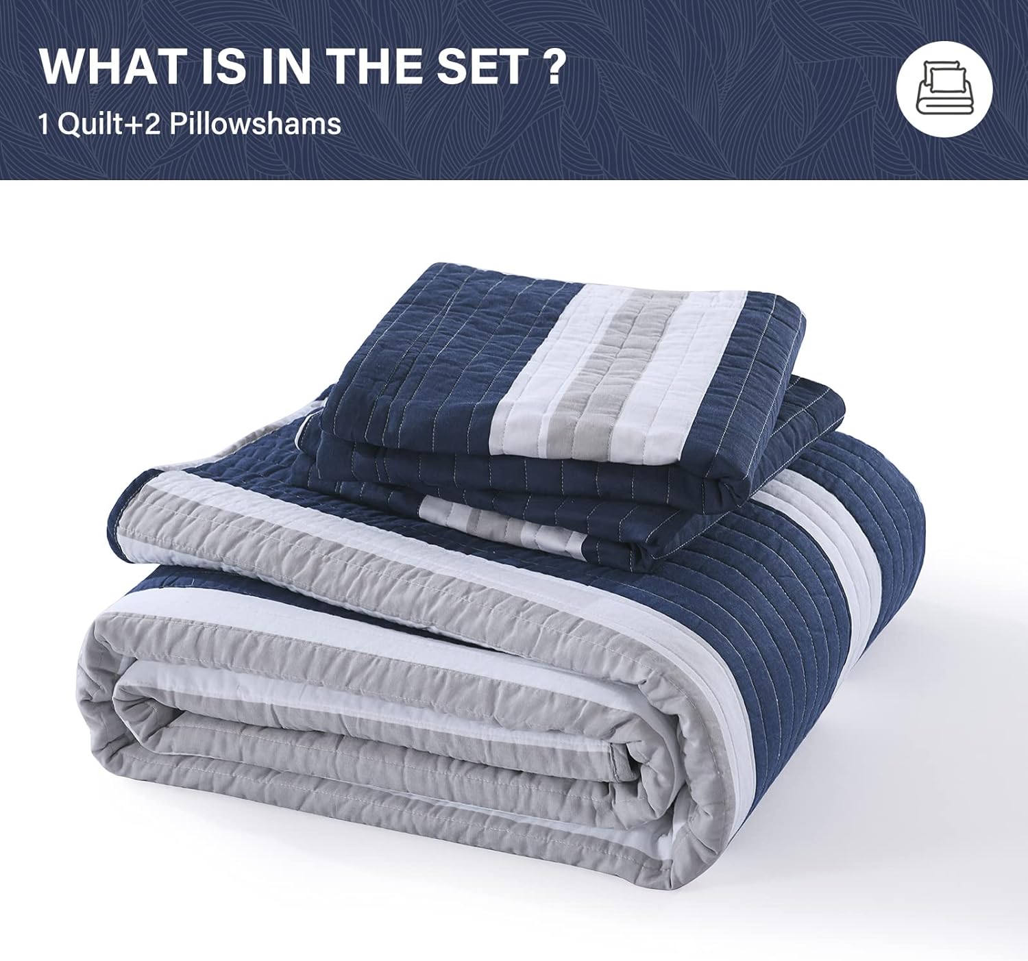 SahSahCasa Queen Quilt Set - Navy Blue Striped 3 Pieces 100 Cotton