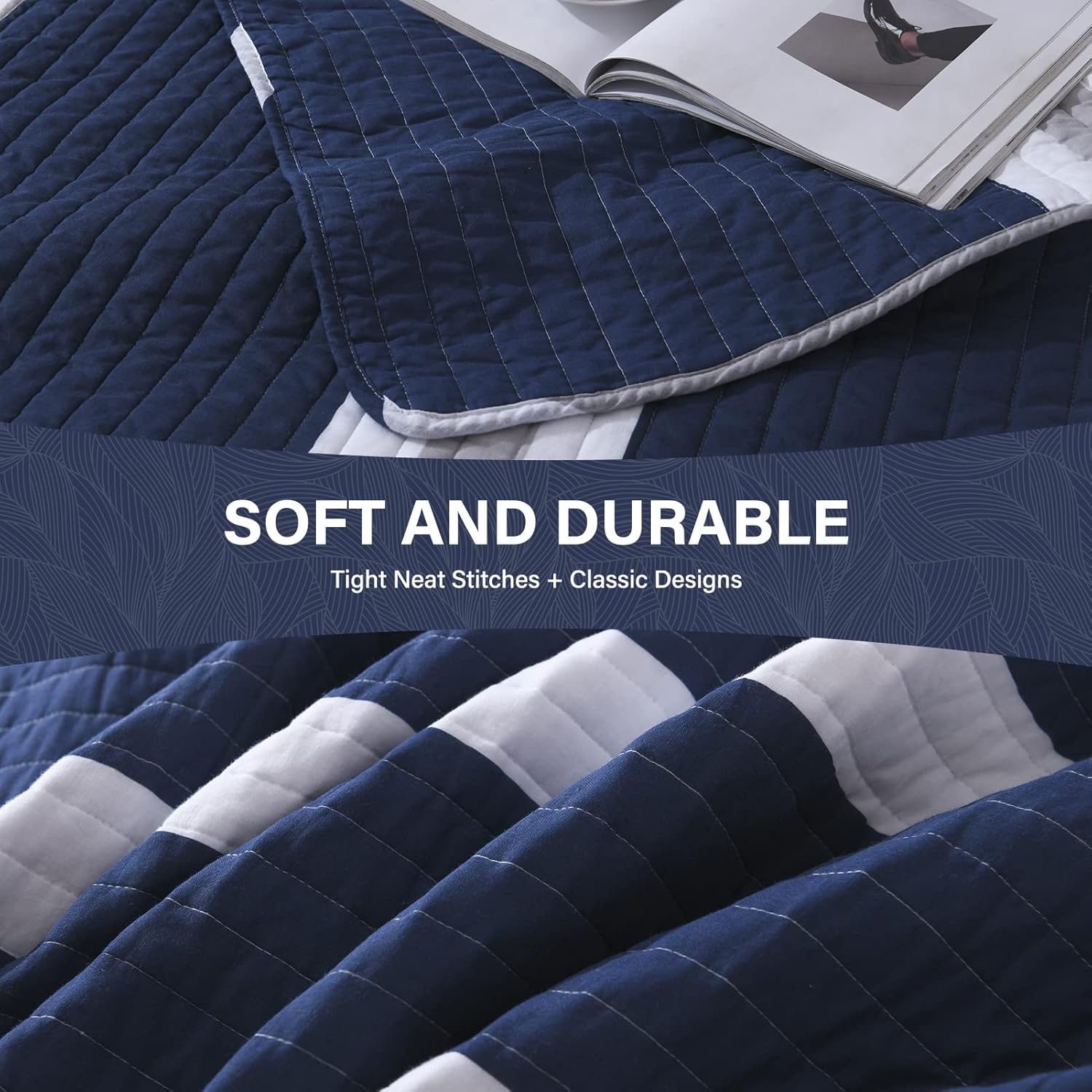 SahSahCasa Queen Quilt Set - Navy Blue Striped 3 Pieces 100 Cotton