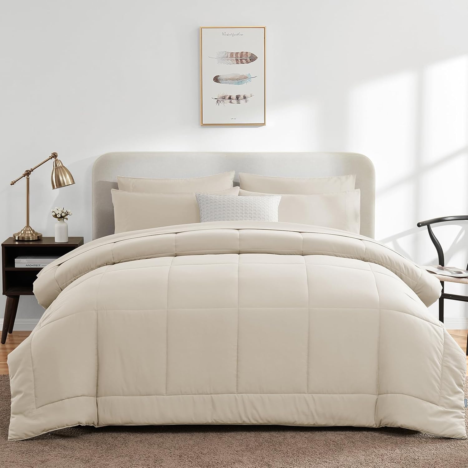 CozyLux Beige Cal King 7-Piece Bed in a Bag Comforter Set
