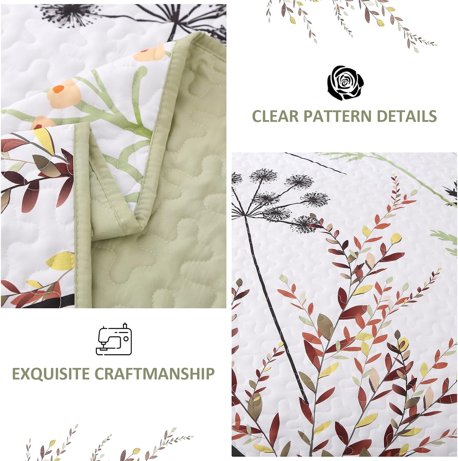 Dobuyly Sage Green Botanical Quilt Set Queen Size