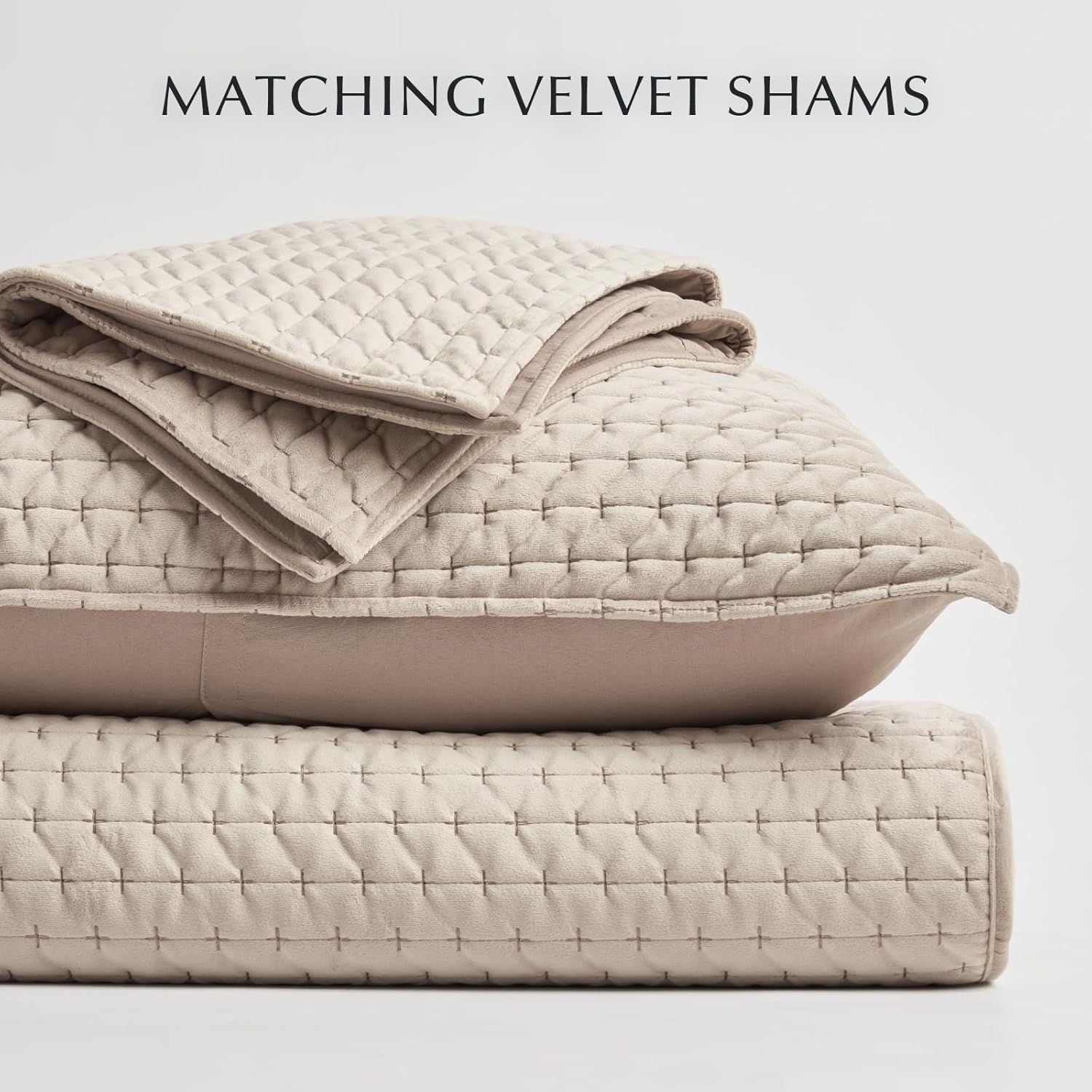 EVERGRACE Velvet Quilt Set King Size 3 Piece Light Taupe