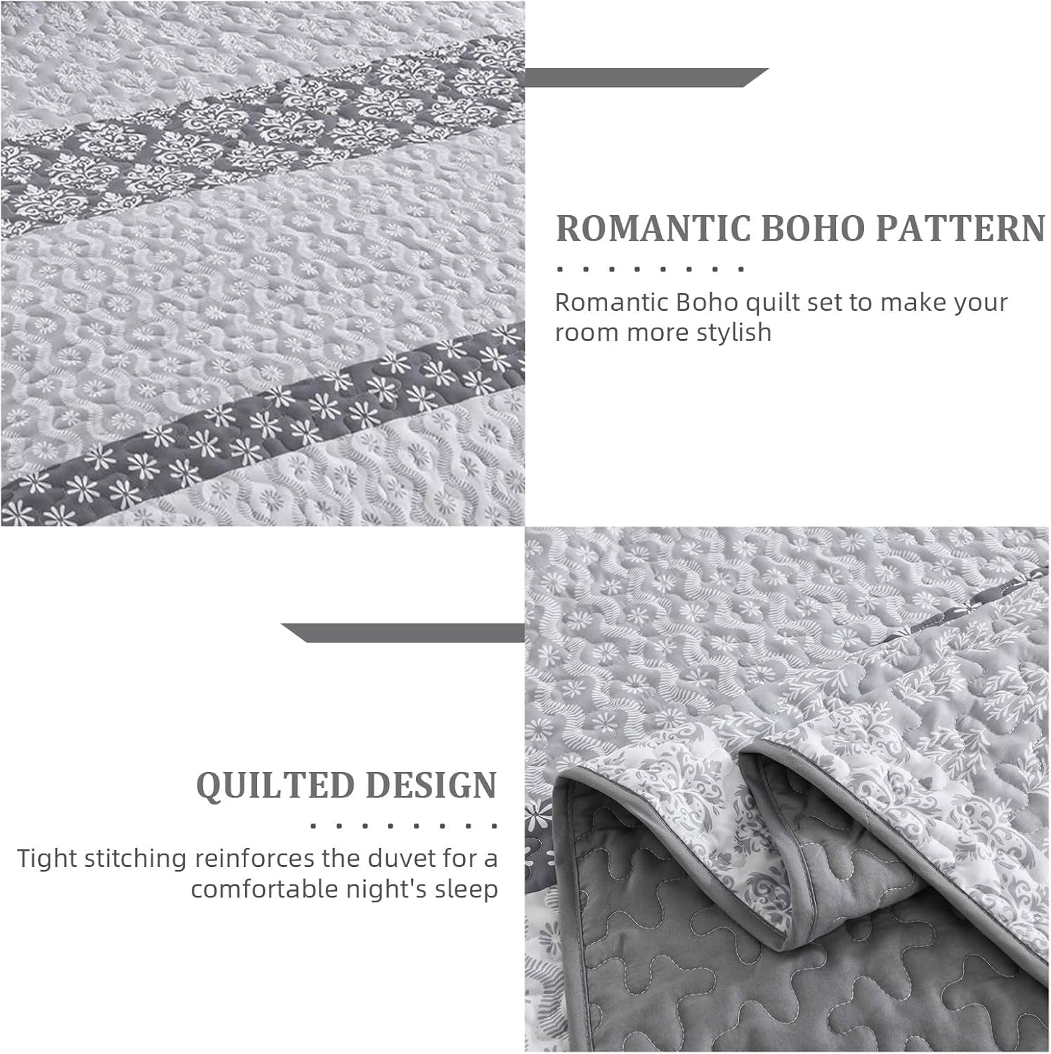 Boho Quilt Set Full Size Gray Striped Bedding 3 Pieces