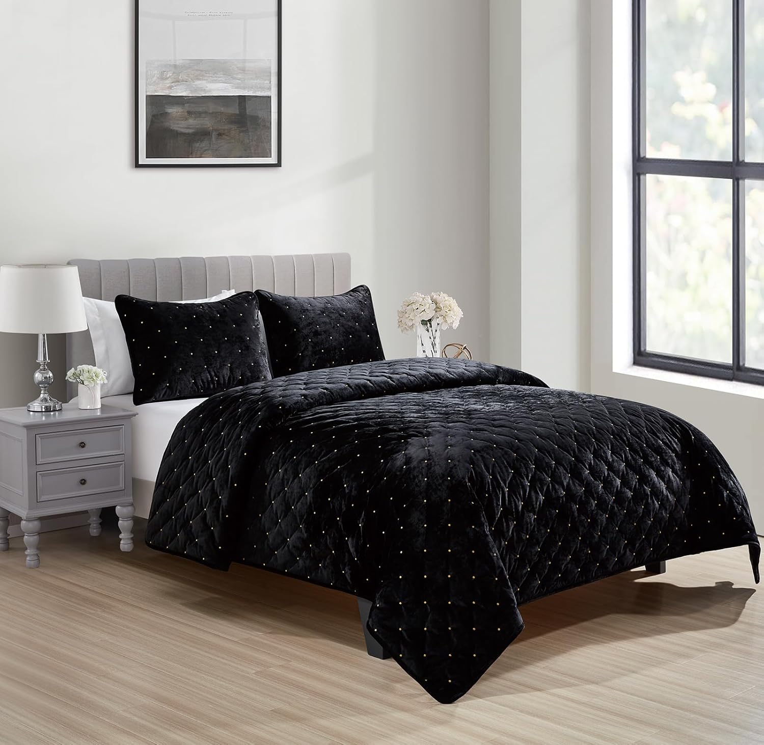 Sunshine Nicole 3 Piece King Quilt Set with Gold Embroidery