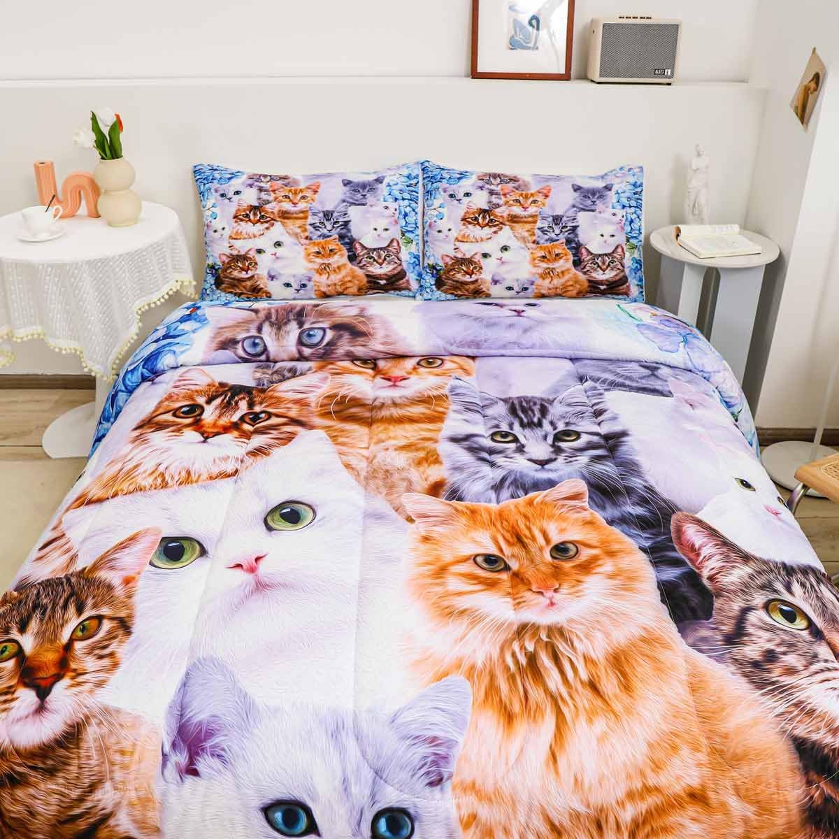 Feelyou Kids Cat Comforter Set 3Pcs