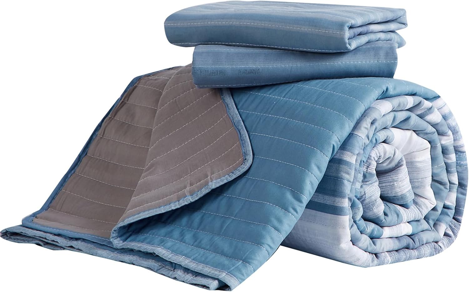 KAKIJUMN KingCal King Quilt Bedding Set White Grey Blue Striped Design