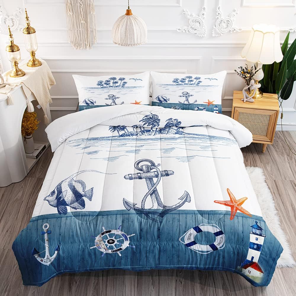 Suncloris Nautical Sailboat Comforter Set Queen Size Dark Blue