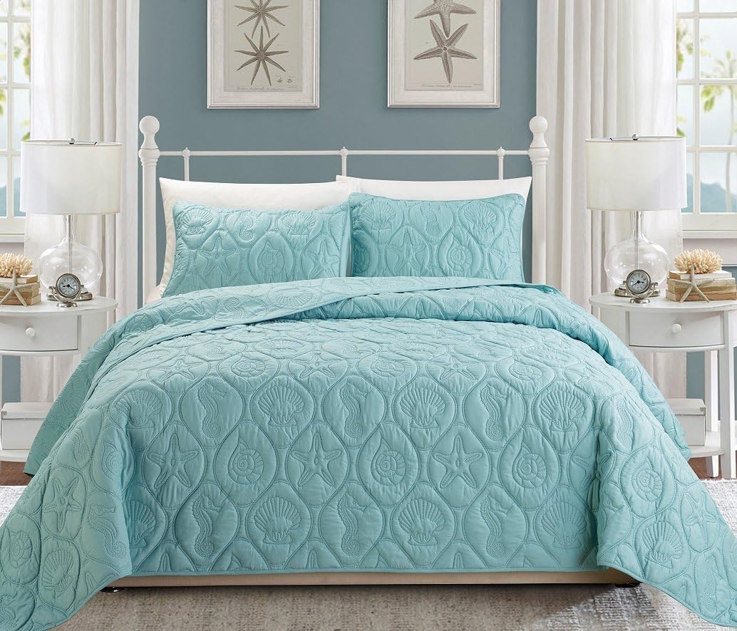 Grand Linen 3-Piece Tropical Coast Seashell Bedspread Set 1