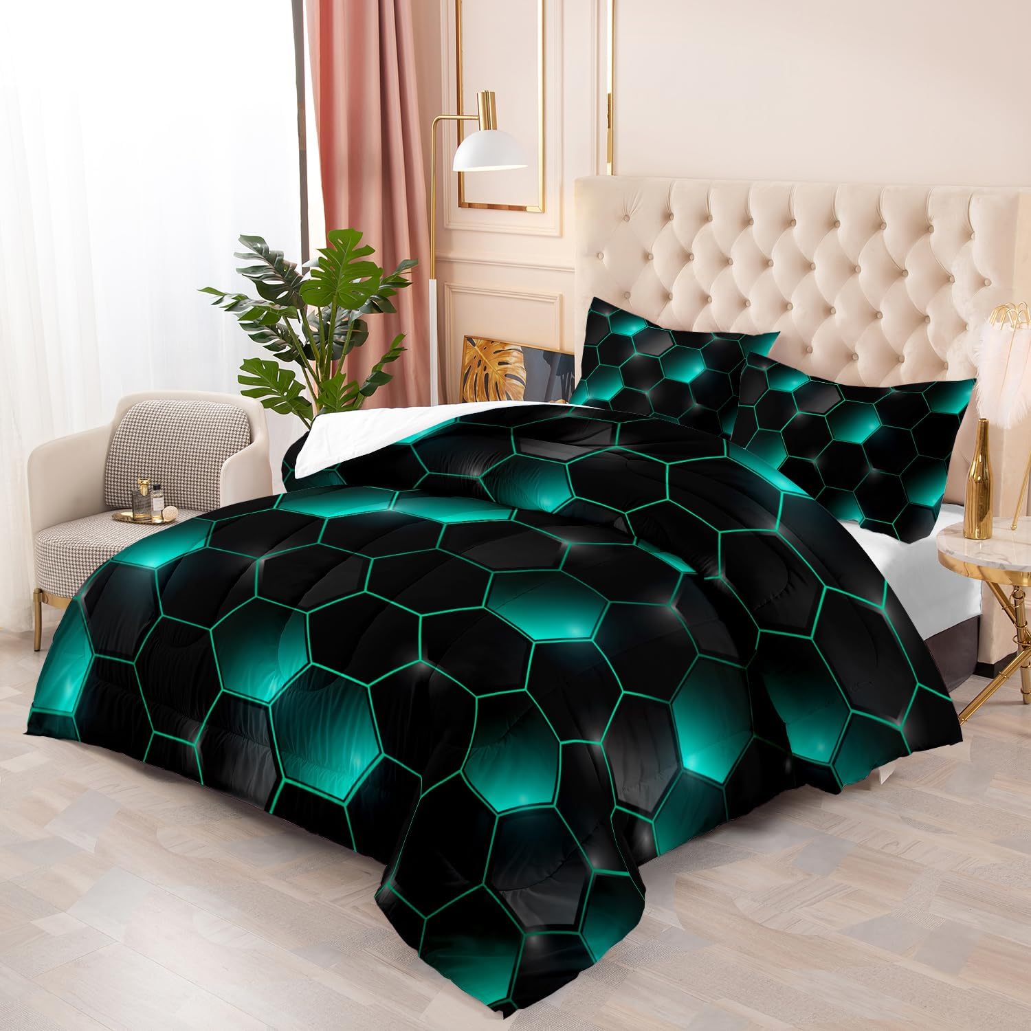 Geometric Black Green Neon Comforter Set 3 Piece