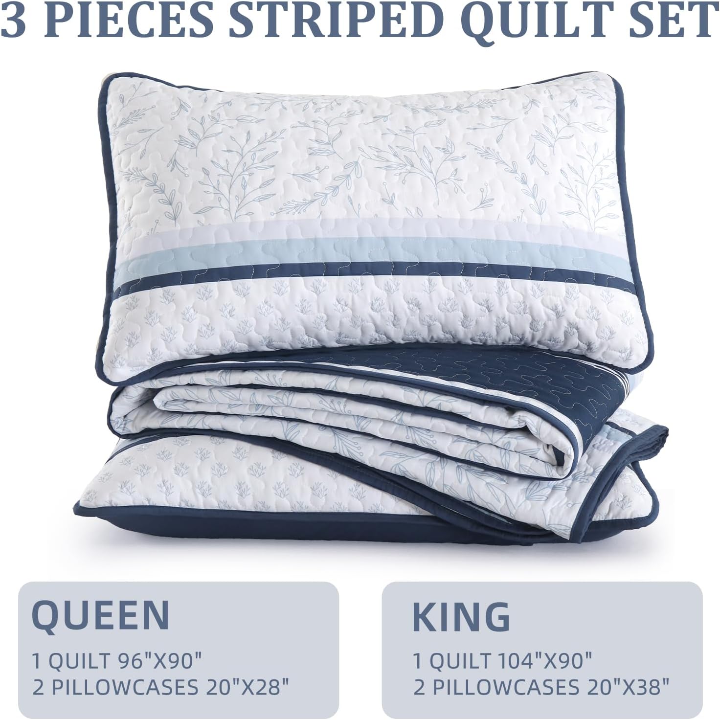 DJY Striped Quilt Set Queen Size Navy Blue