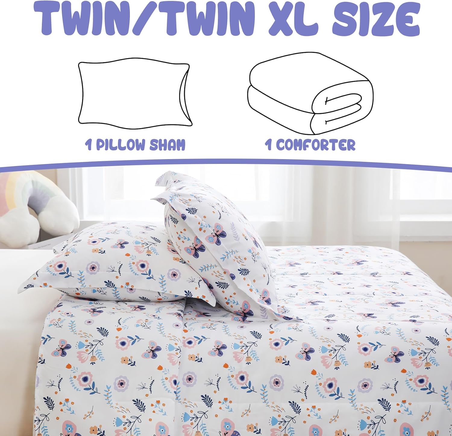 Yibeizi Butterfly Floral Comforter Set for Girls Twin