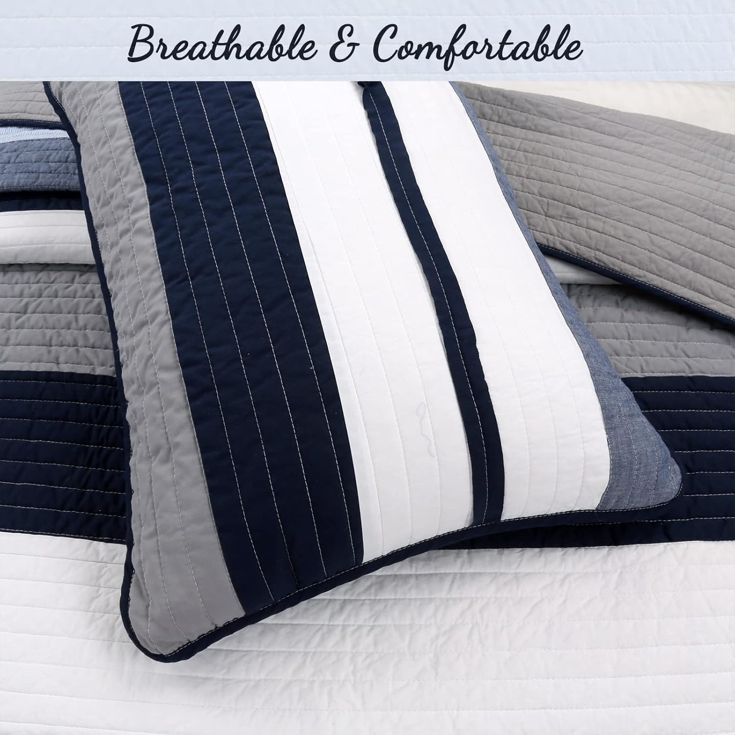 Cozy Line Tranquil Blue Gray Striped Reversible Quilt Bedding Set Queen - 3 Piece