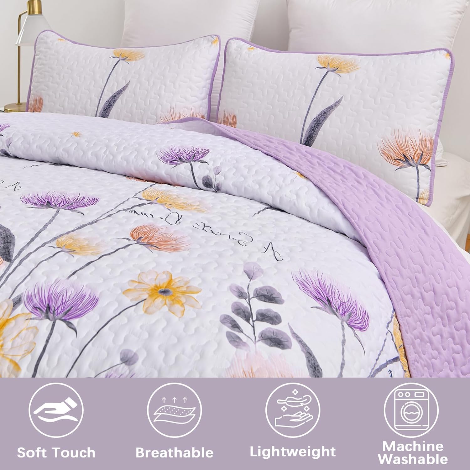 Dinjoy Floral Queen Quilt Set 3 Pieces