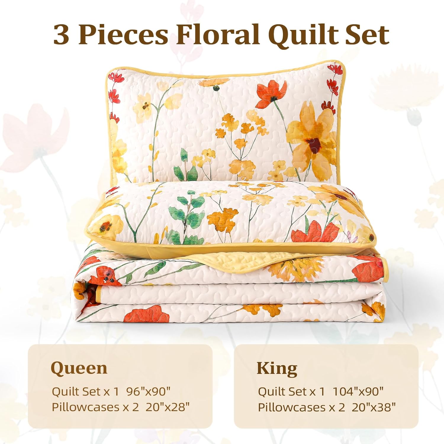 Anibedding Yellow Floral Quilt Set King Size