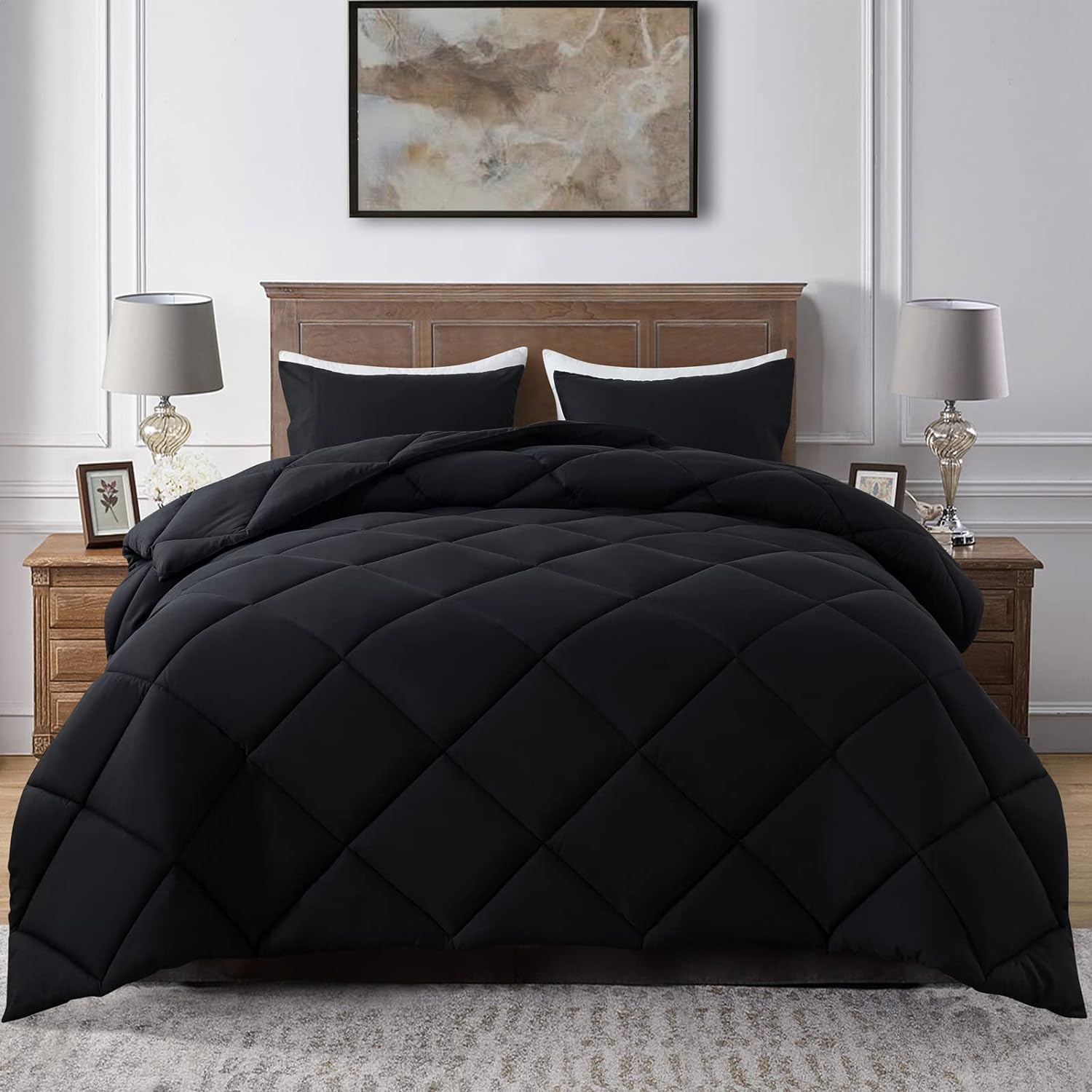 ELNIDO QUEEN Black Queen Comforter Set 3 Pieces