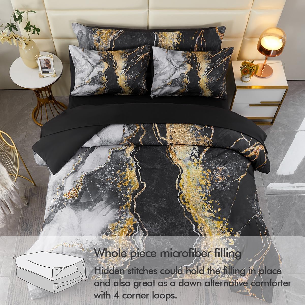 PERFEMET 6pcs Full Bed Comforter Set with Marble Print Design