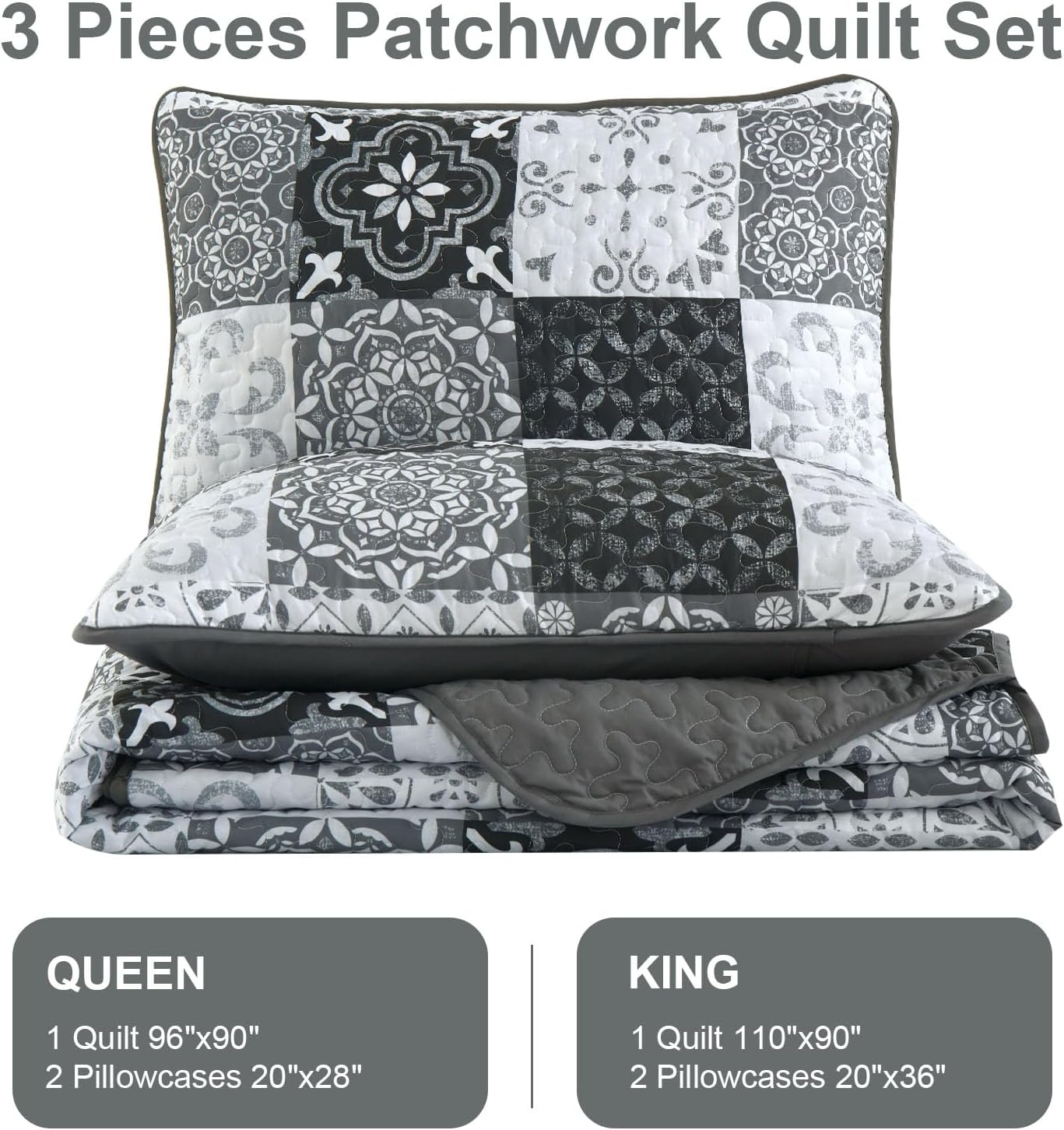 Dobuyly Grey Black Patchwork Quilt Set Queen Size