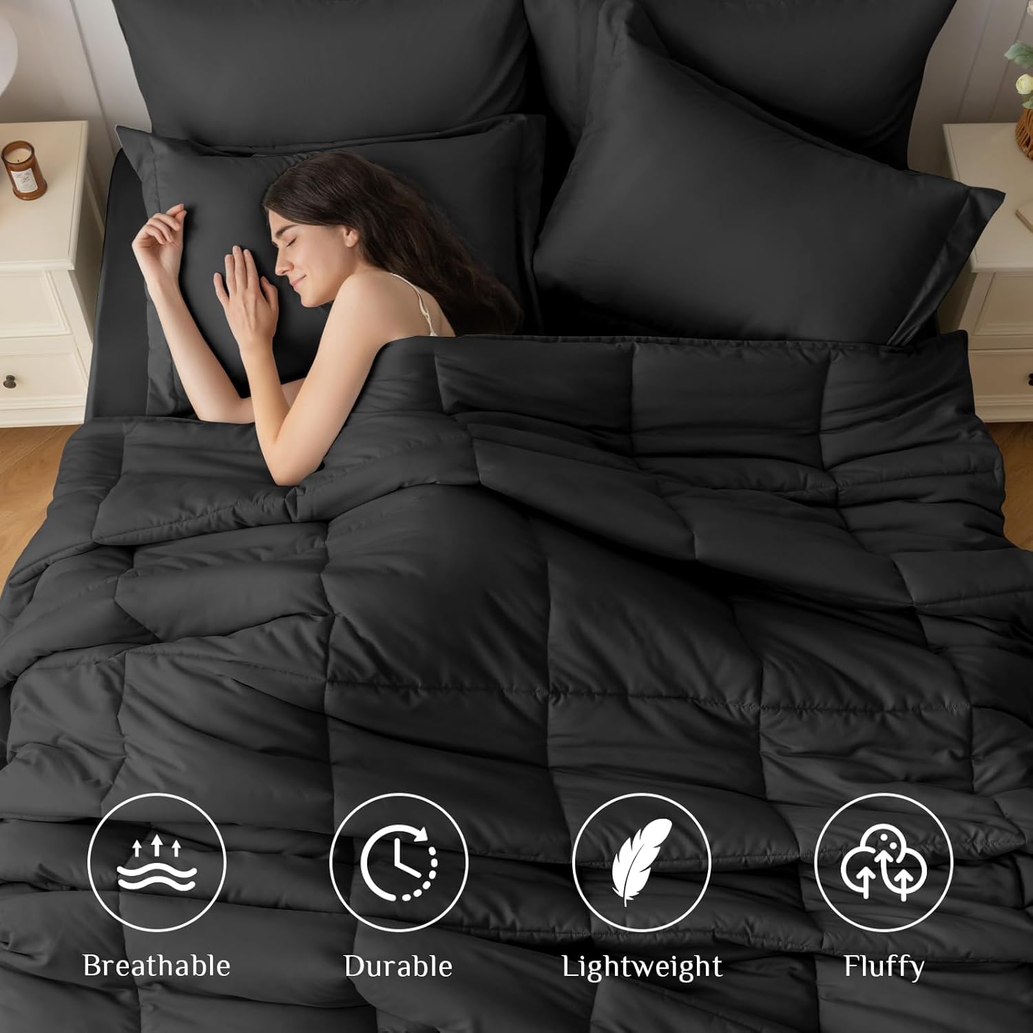 JOLLYVOGUE Queen Comforter Set 7-Piece Black Bed in a Bag