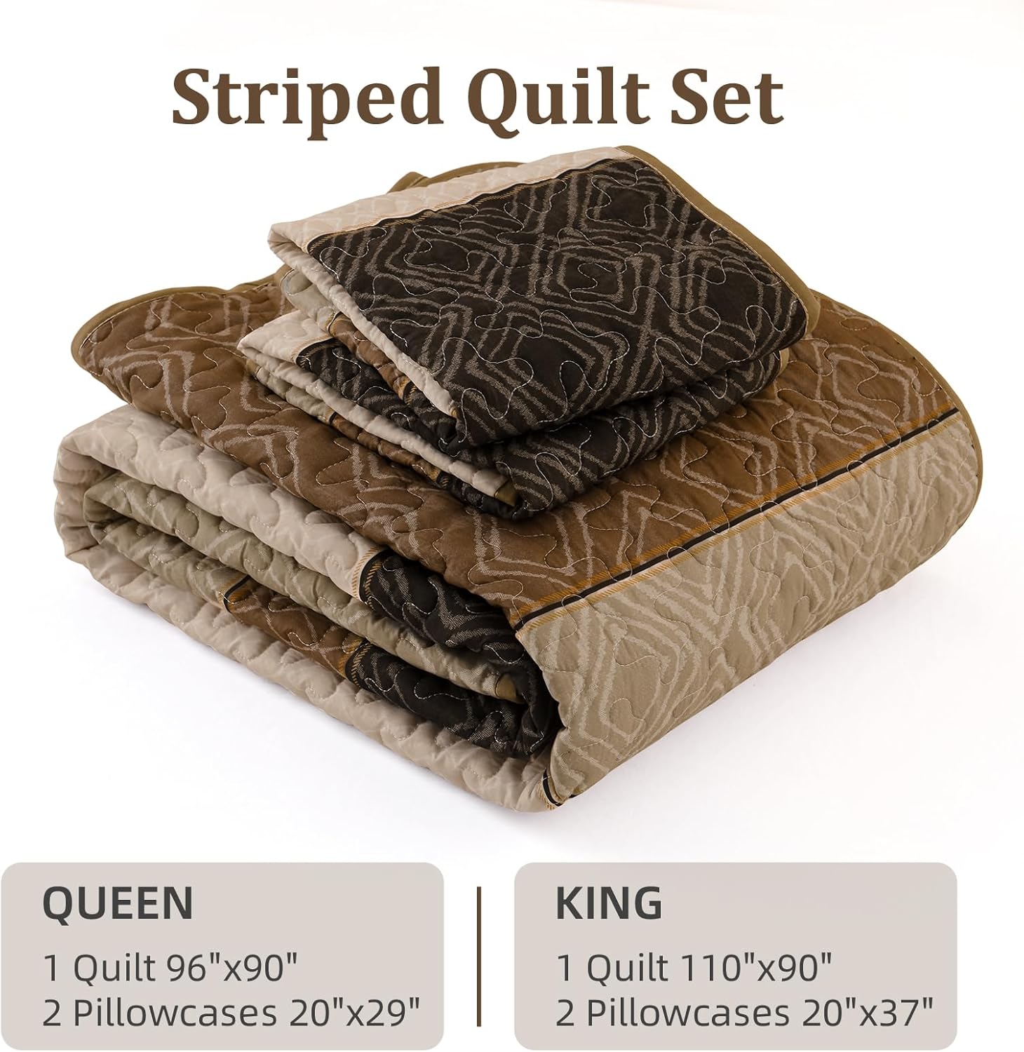 Boho Queen Quilt Set with 2 Pillow Shams Light Brown Microfiber Bedding Set