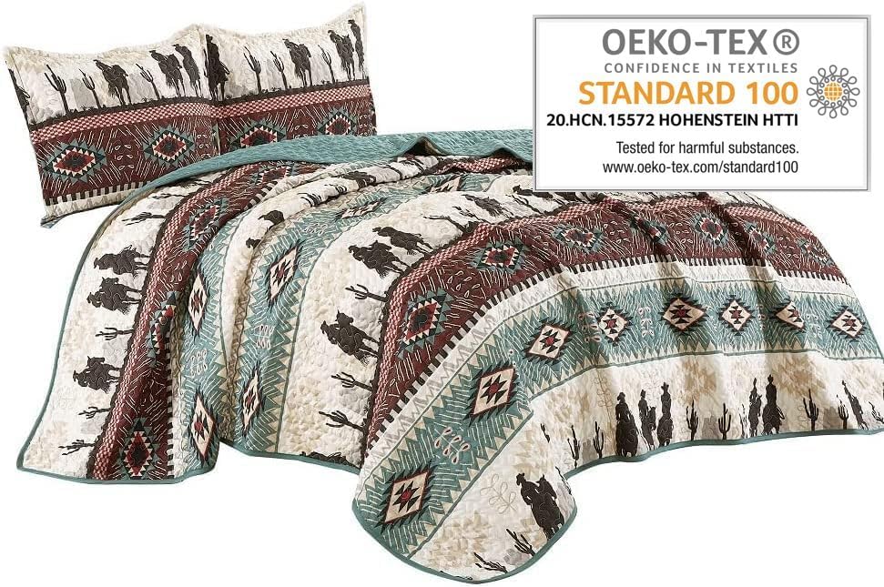 Jaba Western Teal Beige Burgundy Quilt Set - Queen
