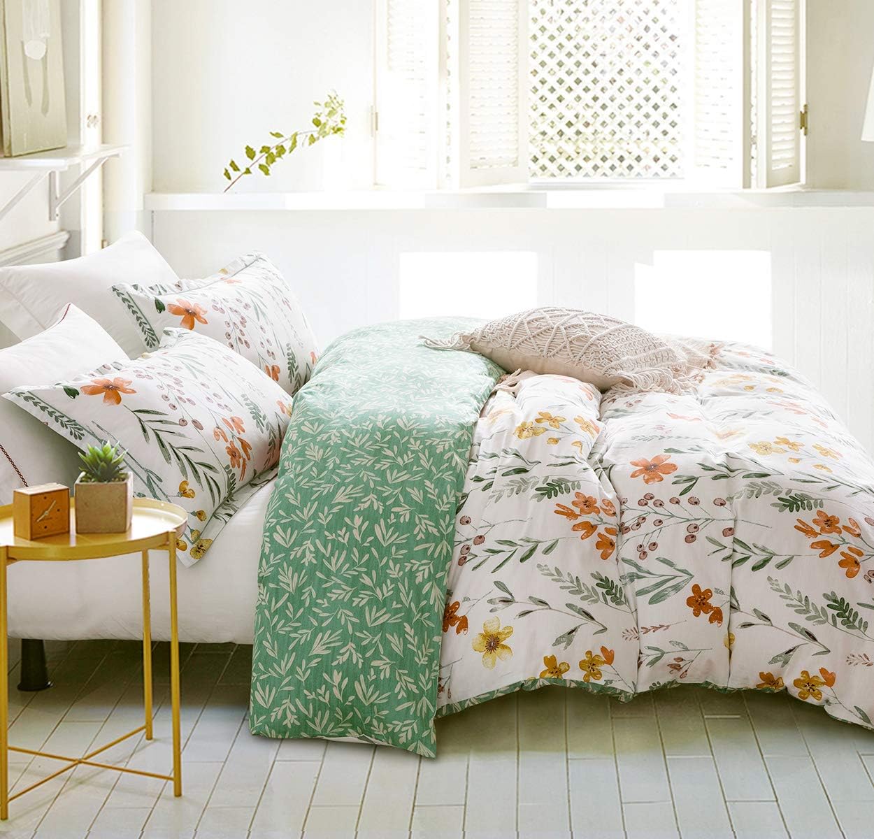SLEEPBELLA King Size Comforter Set Yellow Flowers Green Botanical Print