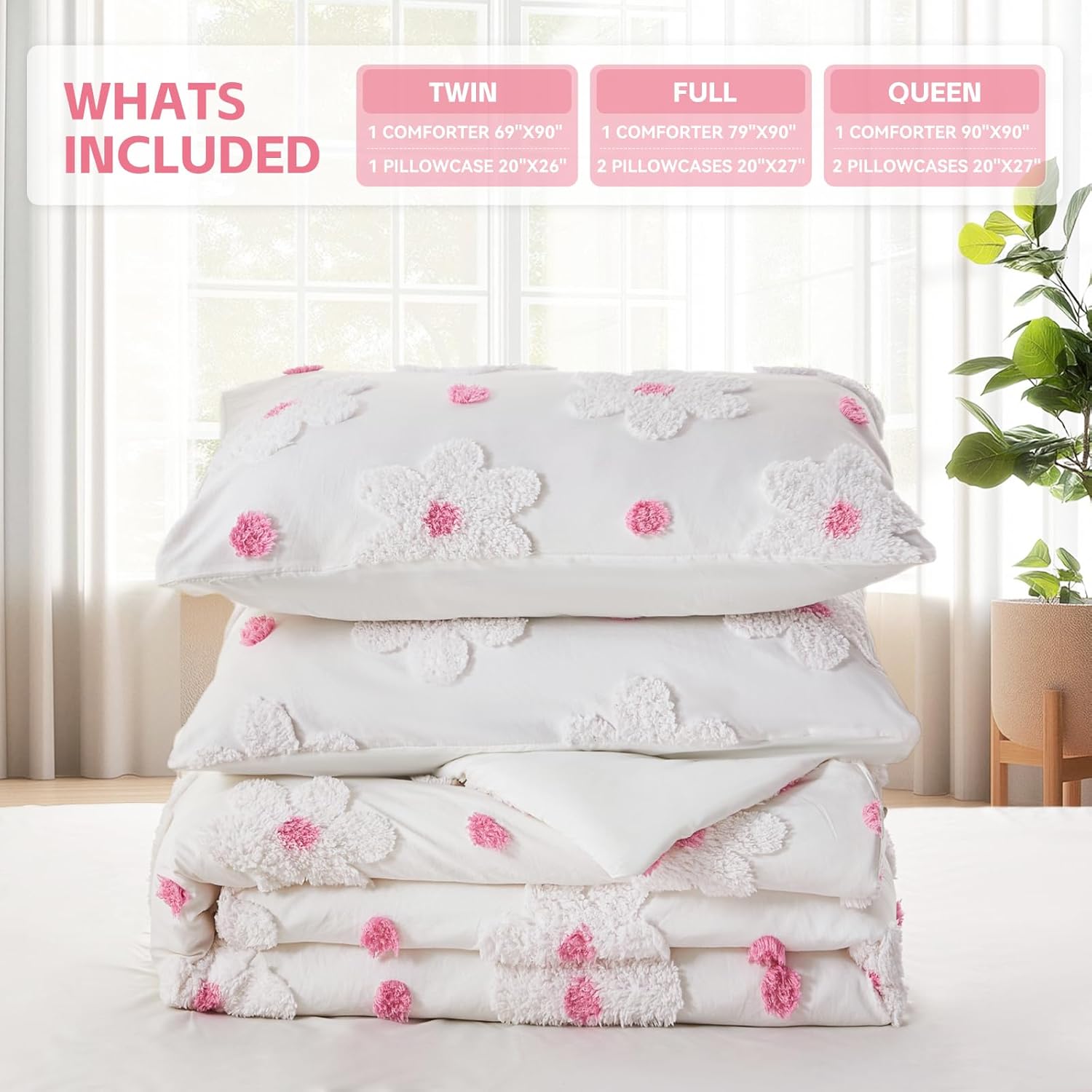 VIVILINEN Pink Floral Comforter Set for Girls 3-Piece
