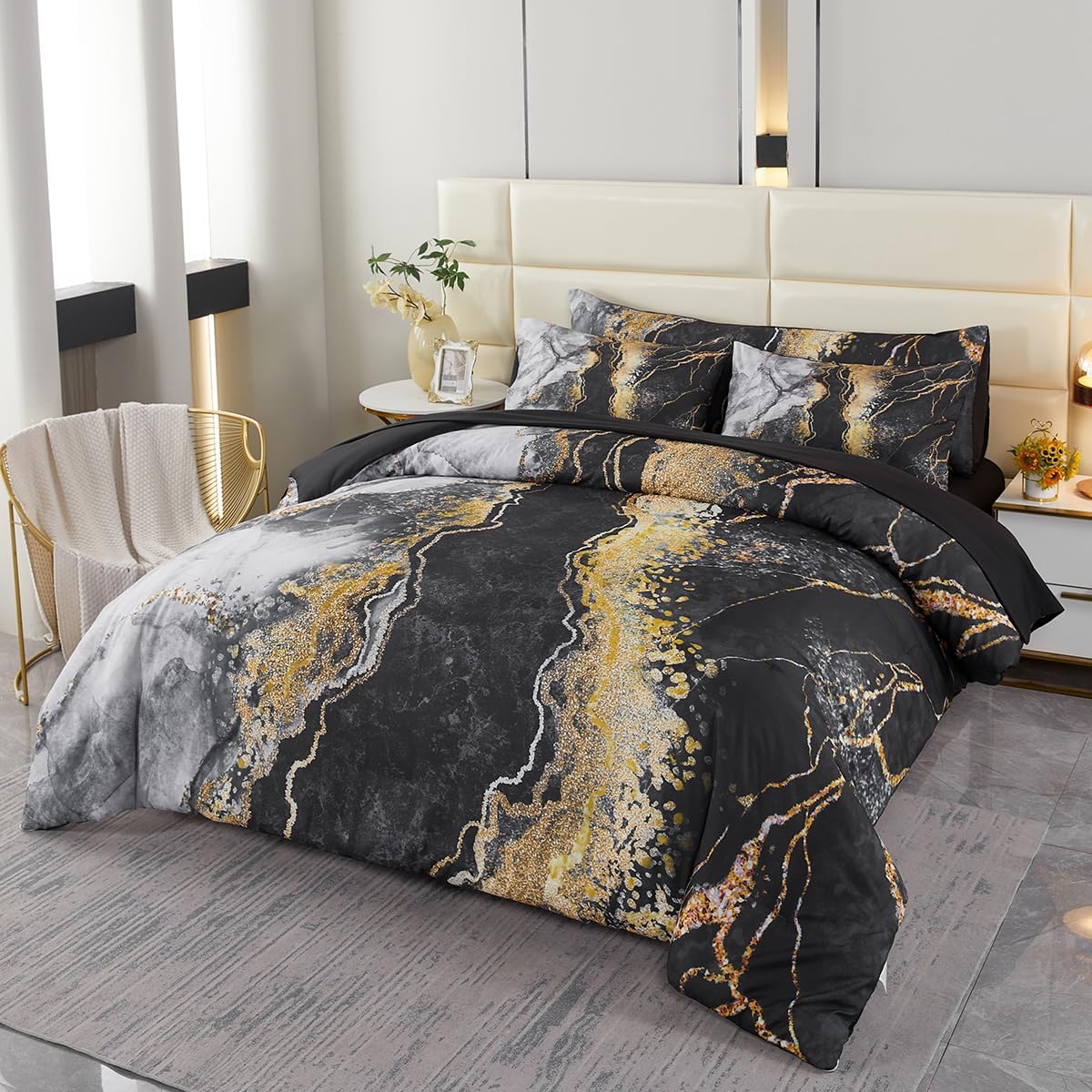 PERFEMET 6pcs Full Bed Comforter Set with Marble Print Design