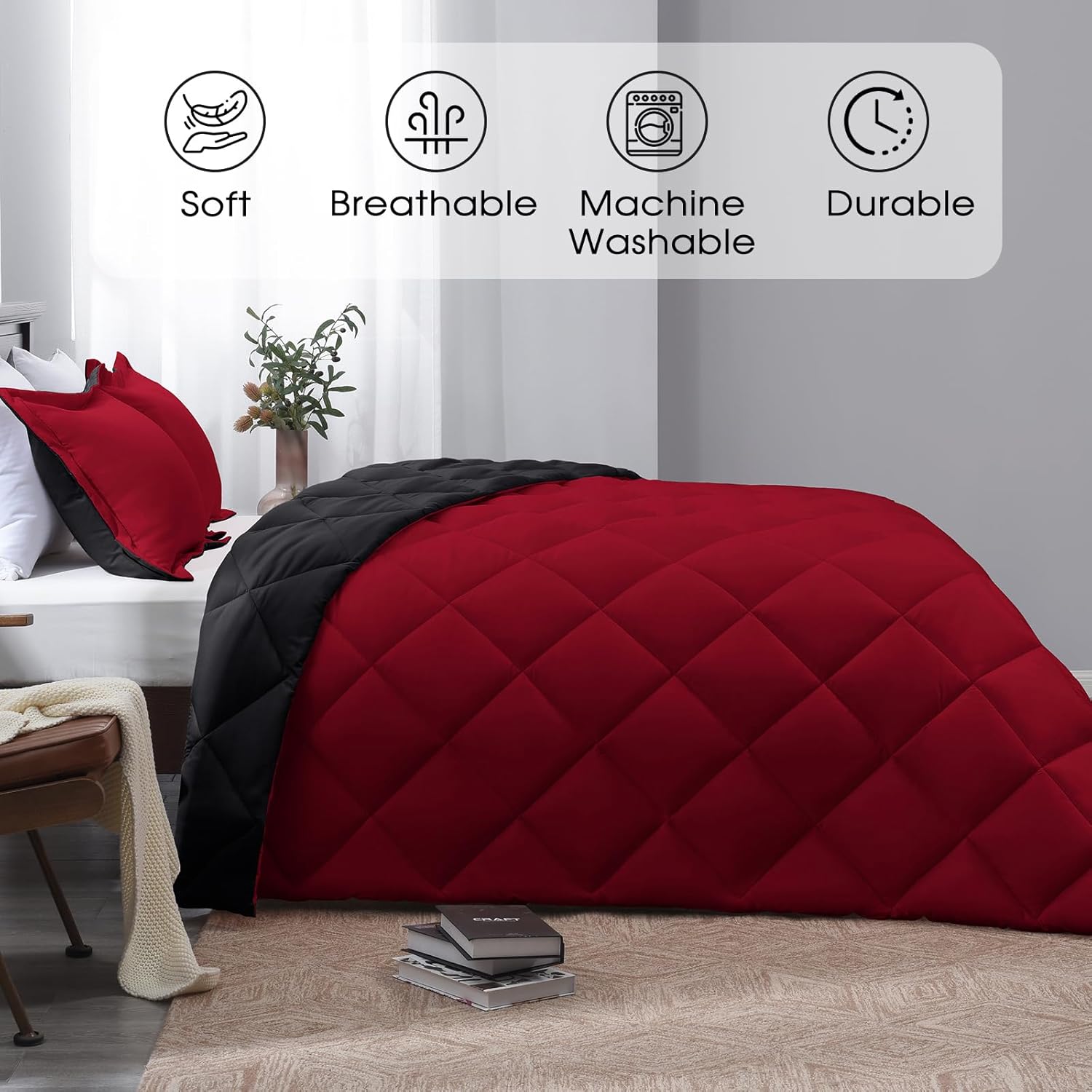 Basic Beyond Queen Comforter Set Red and Black Reversible