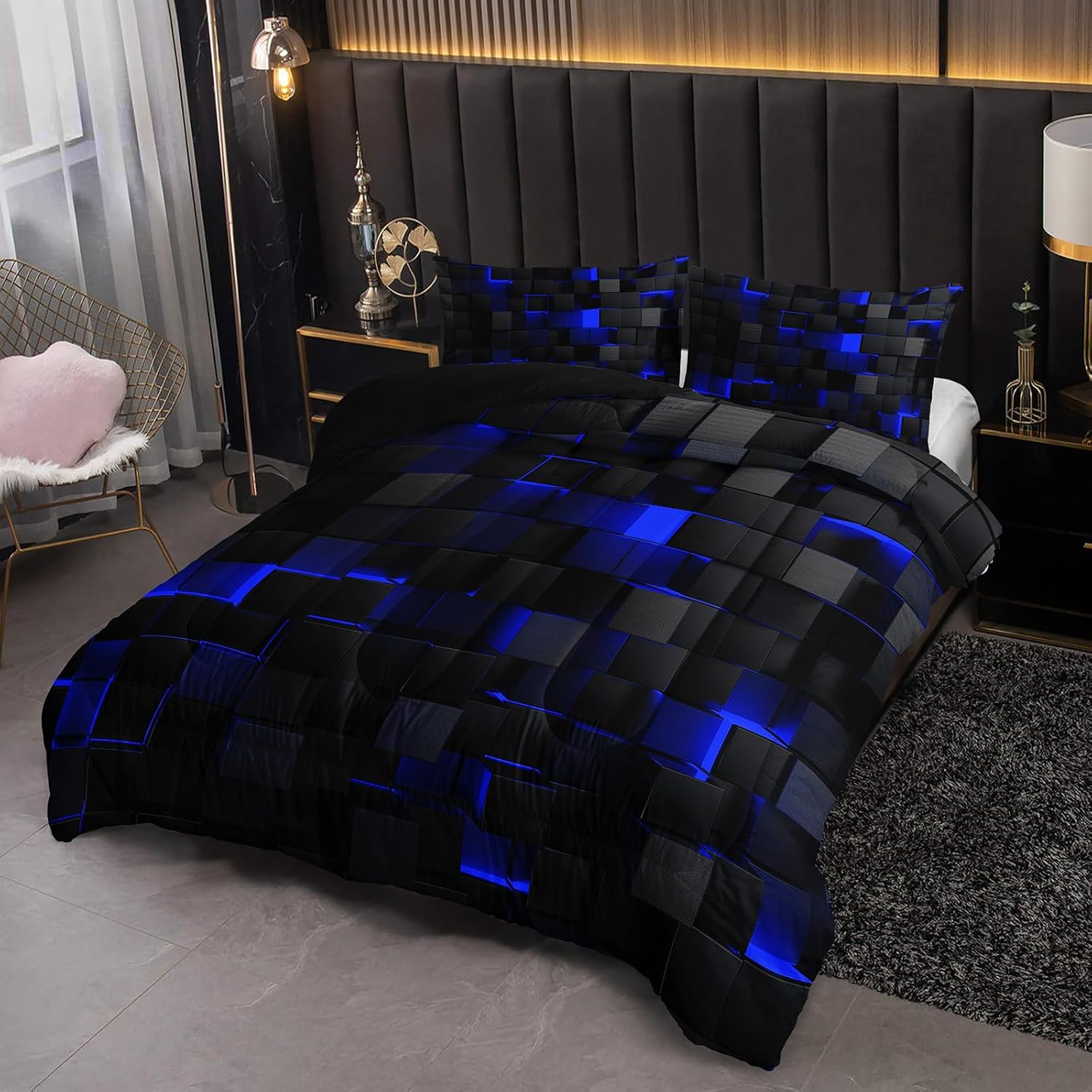 Nttopship Neon Blue Black Comforter Set Twin