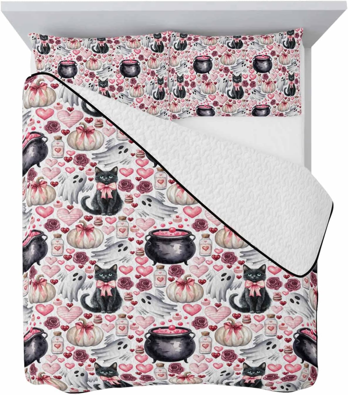 Twin XL Halloween Black Cat Quilt Set with 2 Pillow Shams