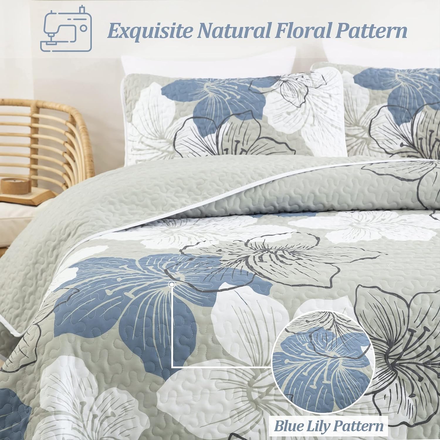 DJY 3 Piece King Quilt Set with Blue Floral Pattern