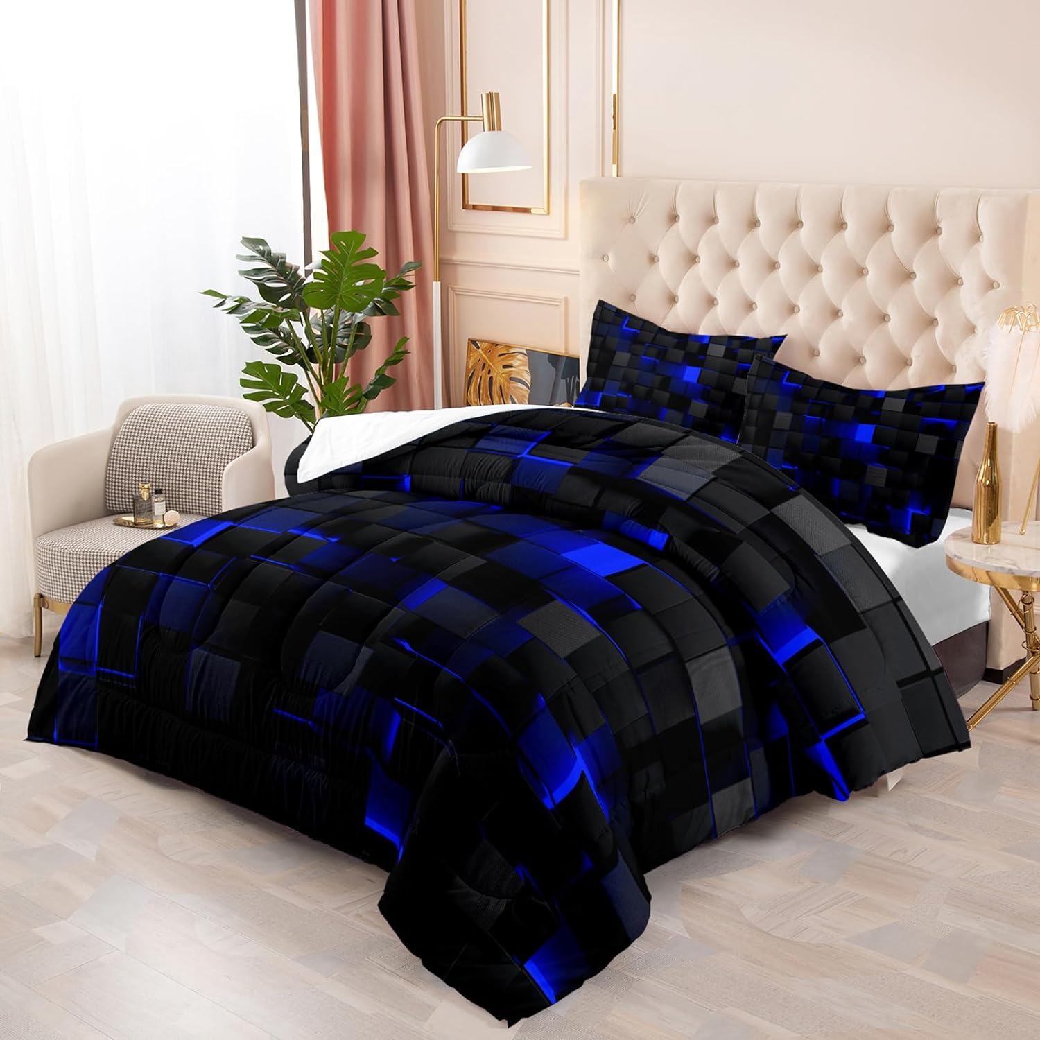 Nttopship Geometric Blue Black 3-Piece Comforter Set