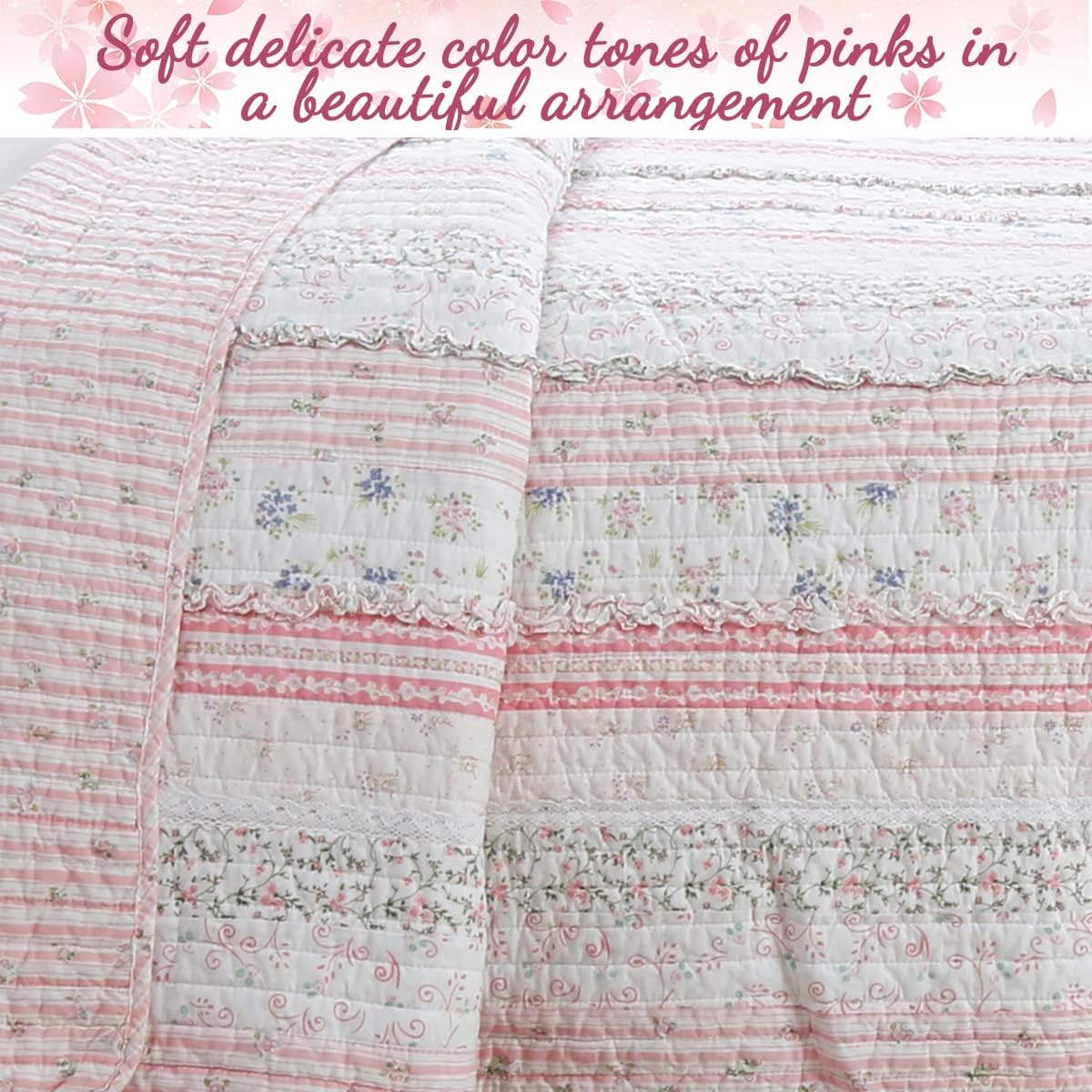 Cozy Line Pink Flower Lace Ruffle Stripe Quilt Bedding Set