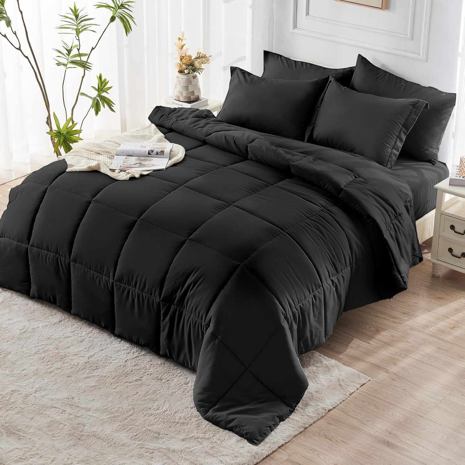 JOLLYVOGUE Queen Comforter Set 7-Piece Black Bed in a Bag