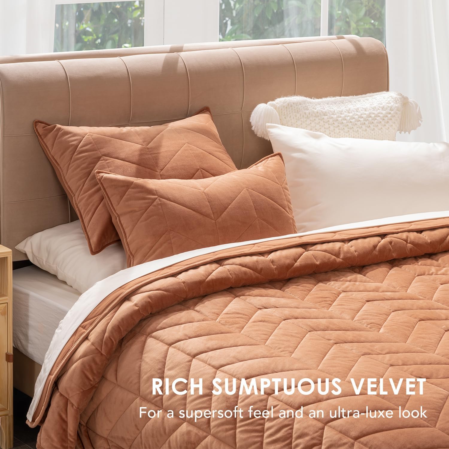 Evergrace Burnt Orange Velvet Quilt Set with 2 Shams