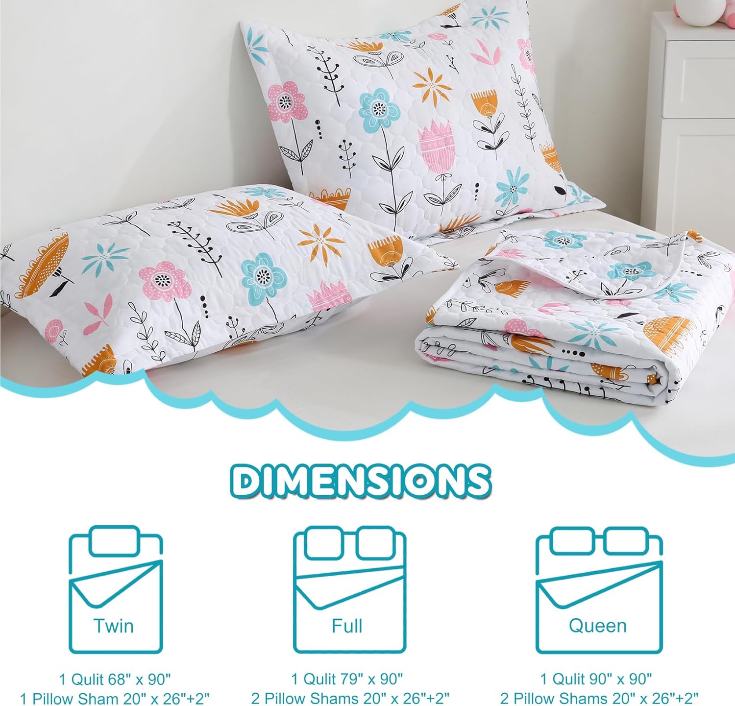 CIMVI Girls Pink Floral Quilt Set Full Size Kids Bedding