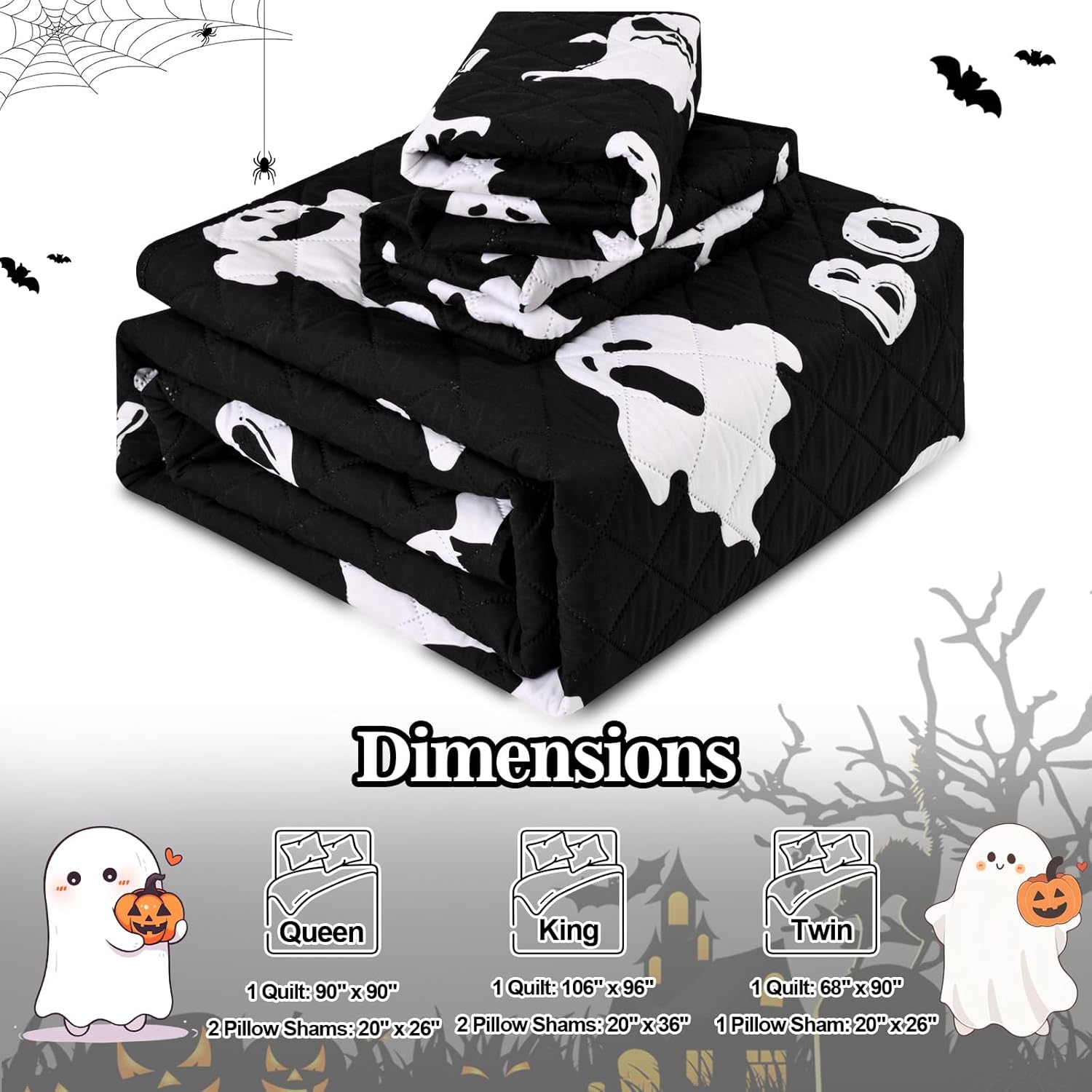 ASPMIZ Halloween Queen Quilt Set 90x90 Reversible Black Ghost Comforter