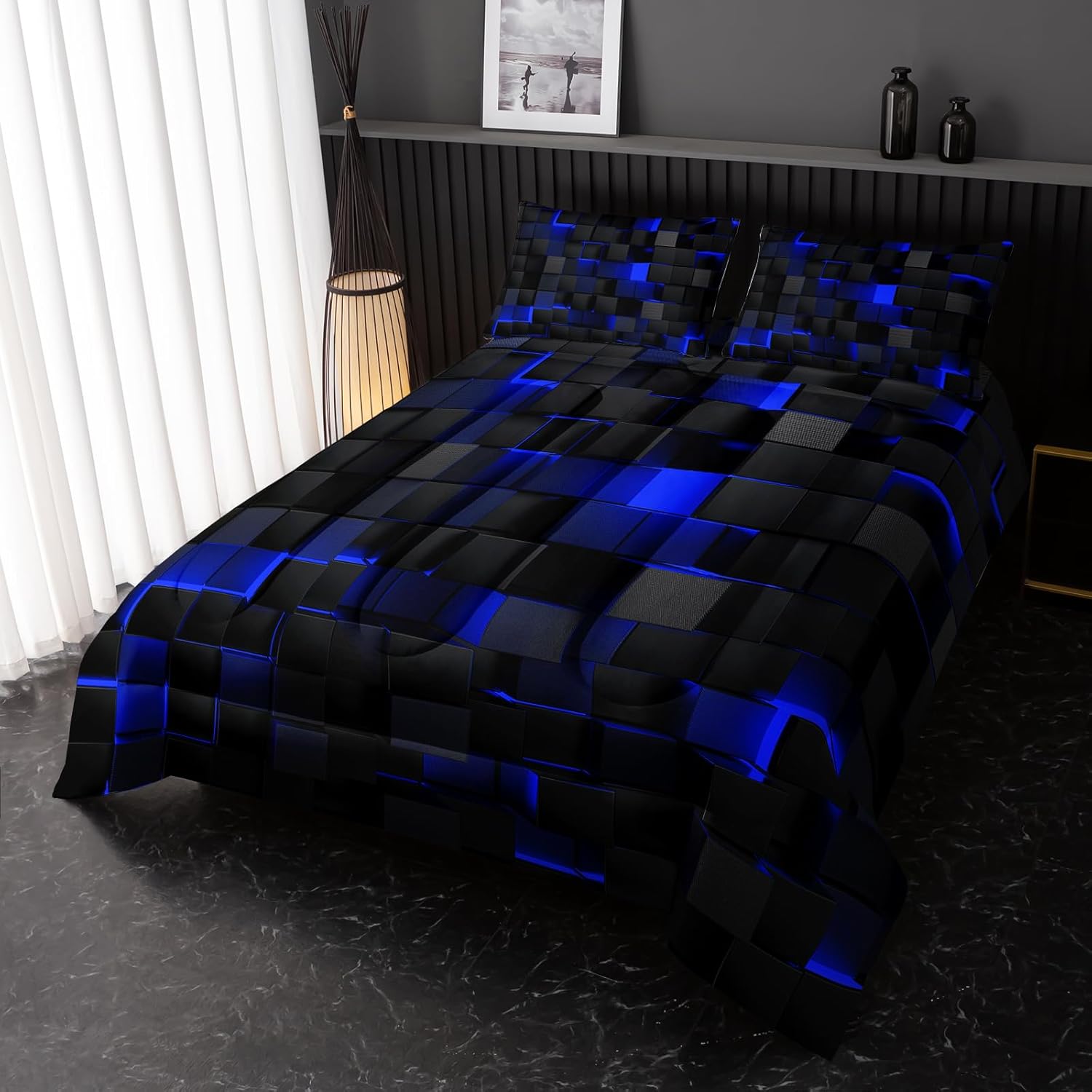 Nttopship Neon Blue Black Comforter Set Twin