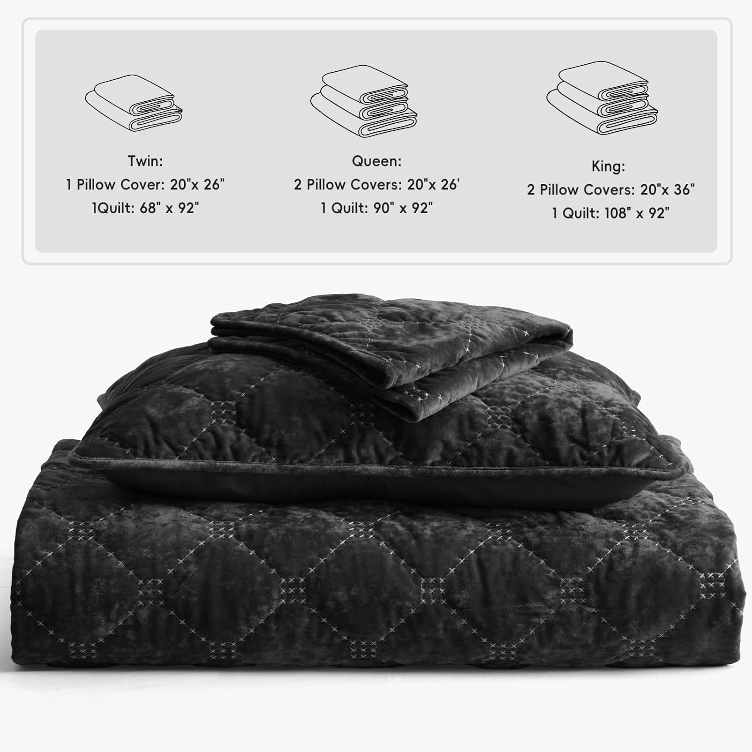 PHF Luxury Velvet Quilt Set King Size Black