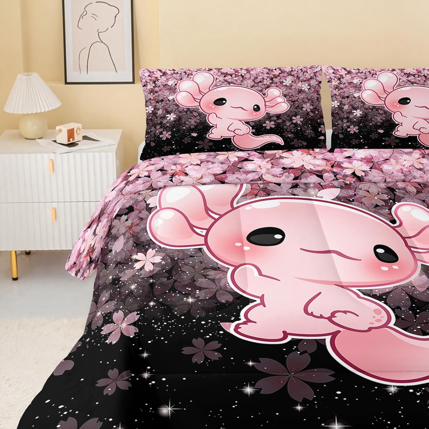 QOOMO Kawaii Axolotl Comforter Set Twin Size Pink Cherry Blossom
